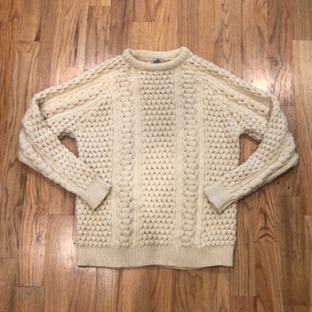 Bonner of Ireland Handknit Cream Cable Sweater! Unisex oversized Irish wool!